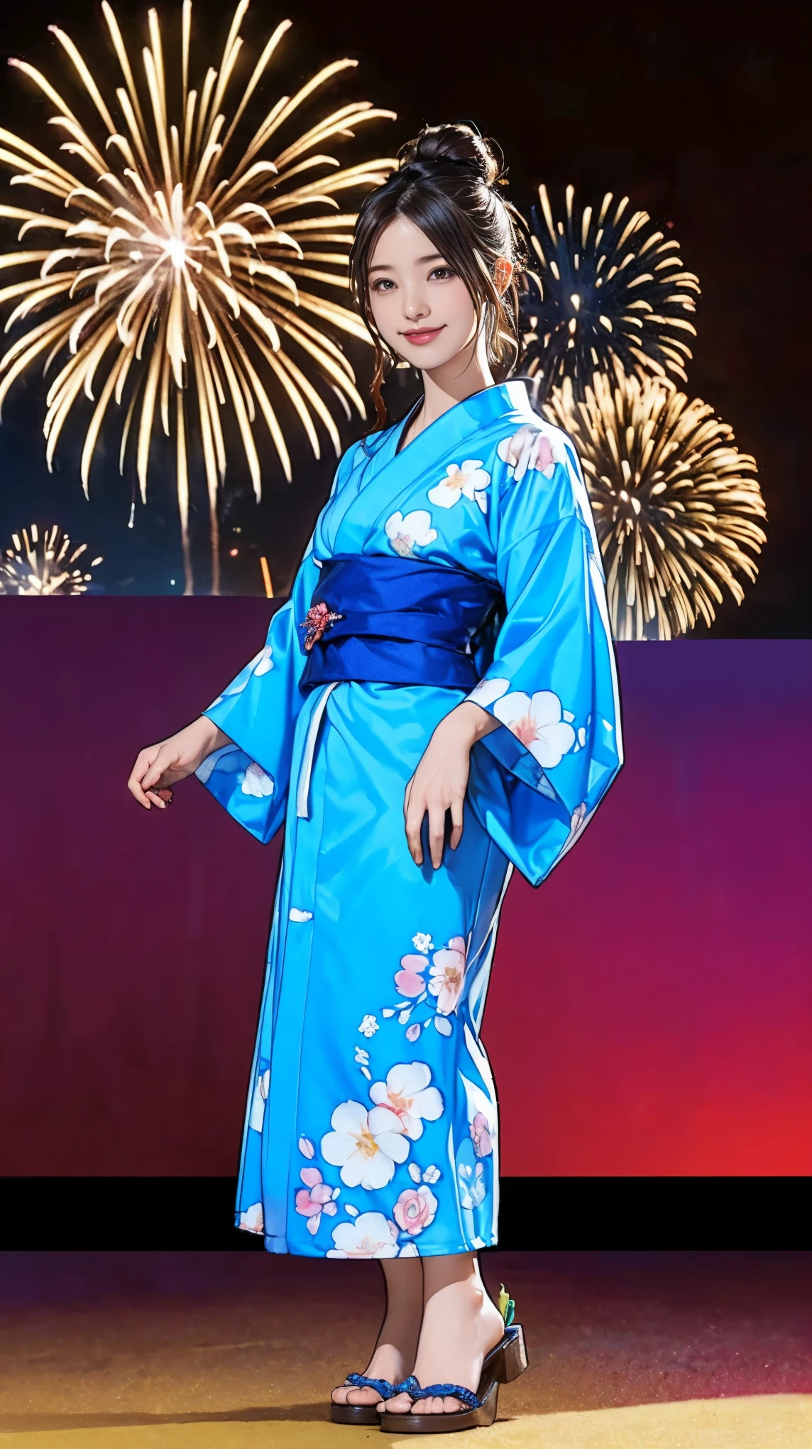 ((masterpiece)),(((Highest quality))),((Character design sheet)),Japanese yukata with flashy plant and floral patterns:1.5,Stylish sandals:1.5,The best smile:1.5,Full Body Shot:1.5,Night fireworks background:1.5,Flashy makeup with red eyeshadow:1.5,Bun Hair:1.5,