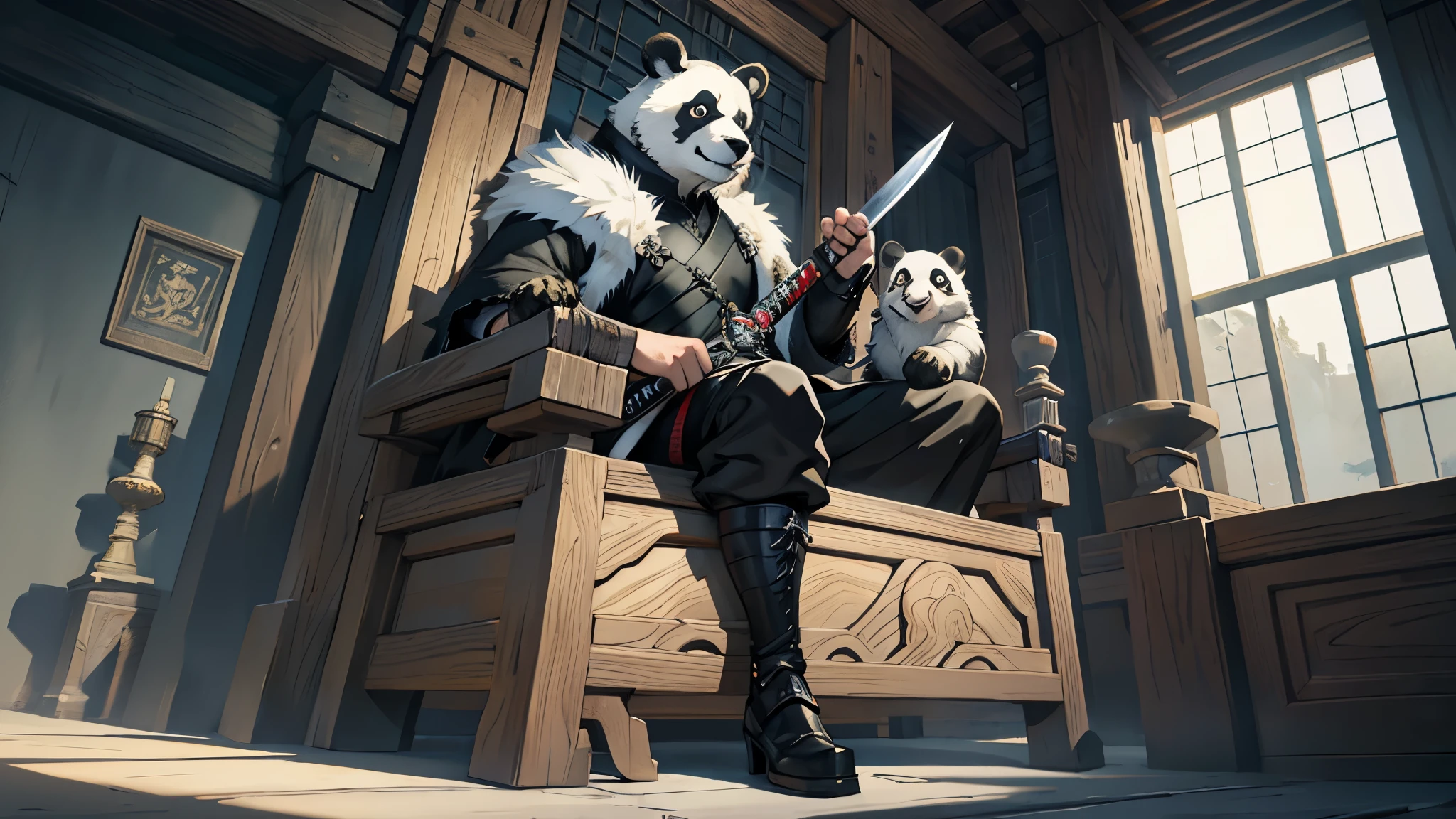 create an adult panda samurai sitting on the iron throne holding a sword from game of thrones