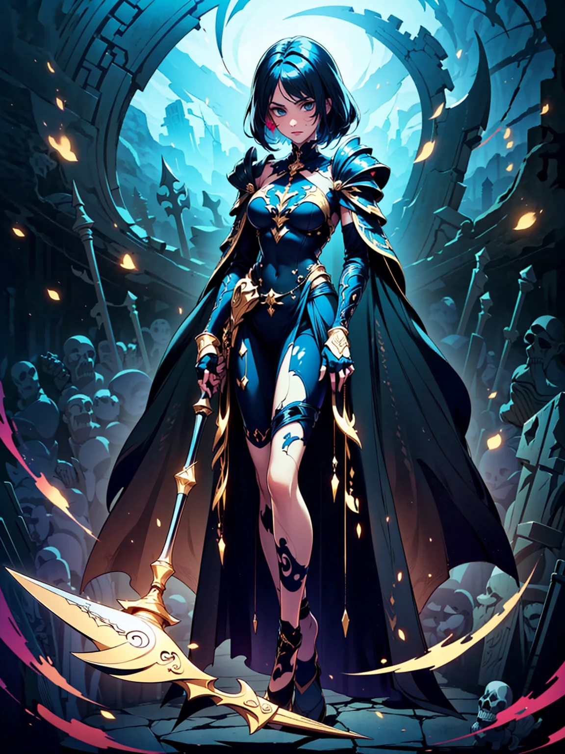(((masterpiece, best quality, high detailed, 8k))) Design a layout showcase Gaming character, (1girl). Black|Gold clothes, stylish and unique. ((showcase weapon:1.4)), dark scythe. (masterpiece:1.2), (best quality), 4k, ultra-detailed. (Step by step design, layout art:1.5), (luminous lighting, atmospheric lighting). necromancer, ((glove full hands)), (((revealing clothes:1.3))), vambraces, armored legwear, (((full_body_shot:1.4))). {In a haunted graveyard}.
