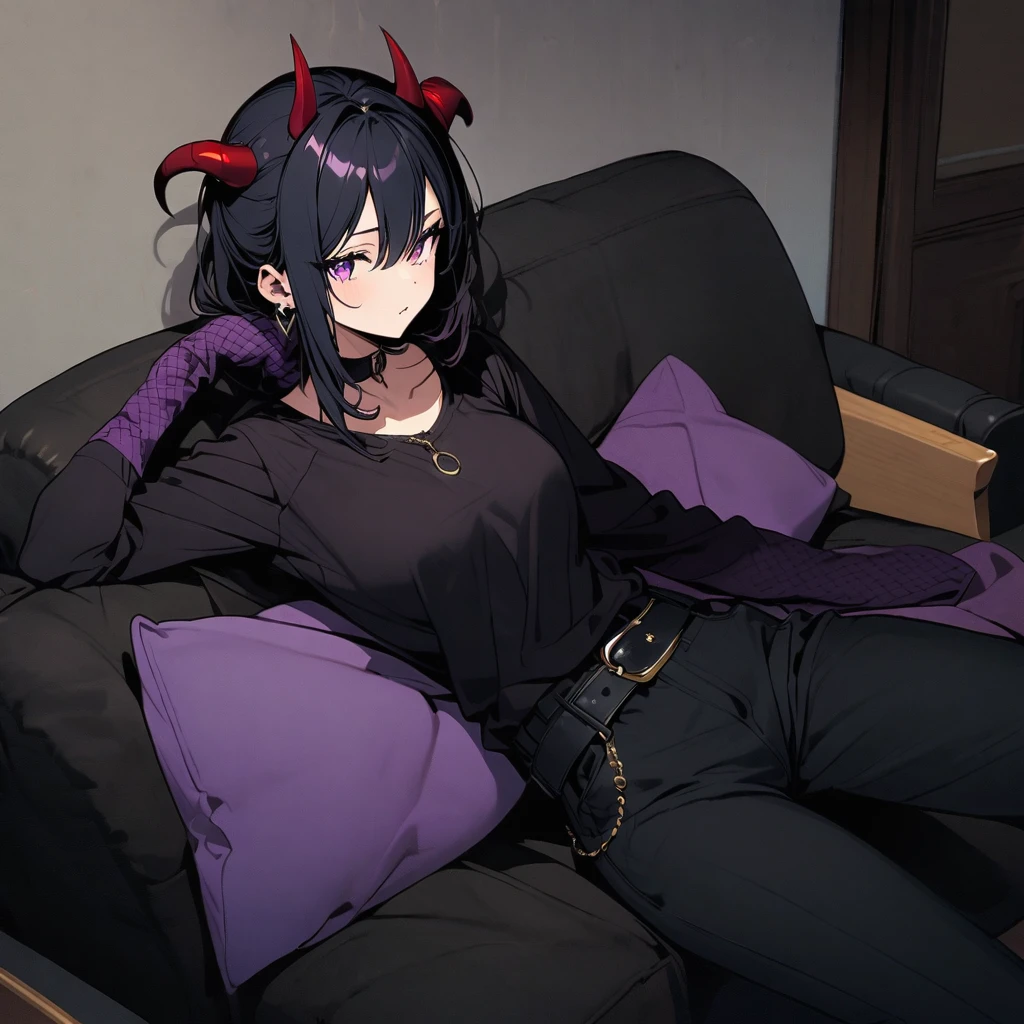 (well done:1)woman with horns and demon tail, long straight black hair, wears two black cross earrings, purple scarf, black t-shirt, purple jacket over it, black pants with white details, belt over the pants.
Sitting on a sofa in a living room