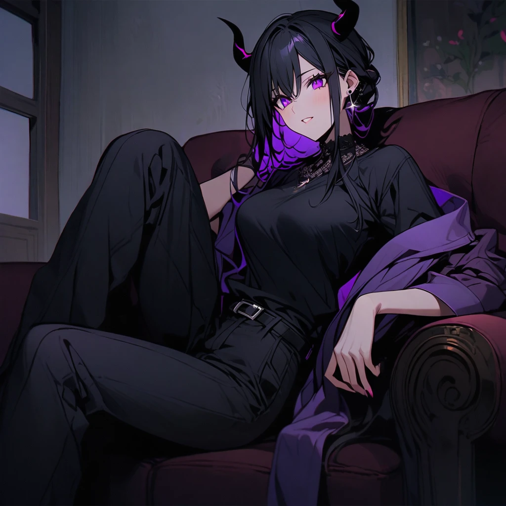 (well done:1)woman with horns and demon tail, long straight black hair, wears two black cross earrings, purple scarf, black t-shirt, purple jacket over it, black pants with white details, belt over the pants.
Sitting on a sofa in a living room