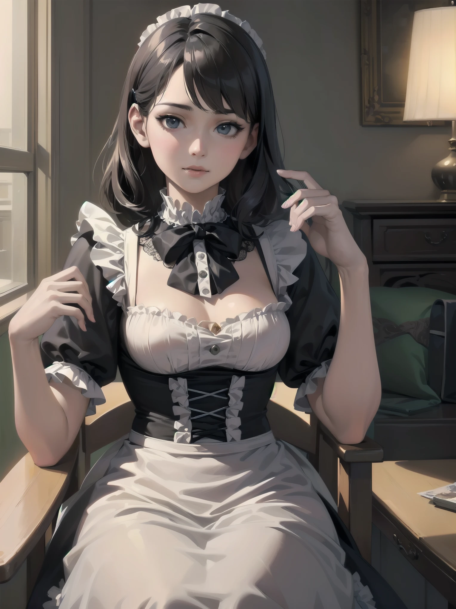 (Highest quality、16K、masterpiece、Ultra-high resolution、Victorian era、Photorealistic:1.2)、Maid Lady、solo、One person、Beautiful and detailed、202Perfectly detailed illustrations created by master anime illustrators of the 4th generation、Cool Beauty、Heroine's Attributes、Artistic shading、Perfect Face、Detailed portrait、