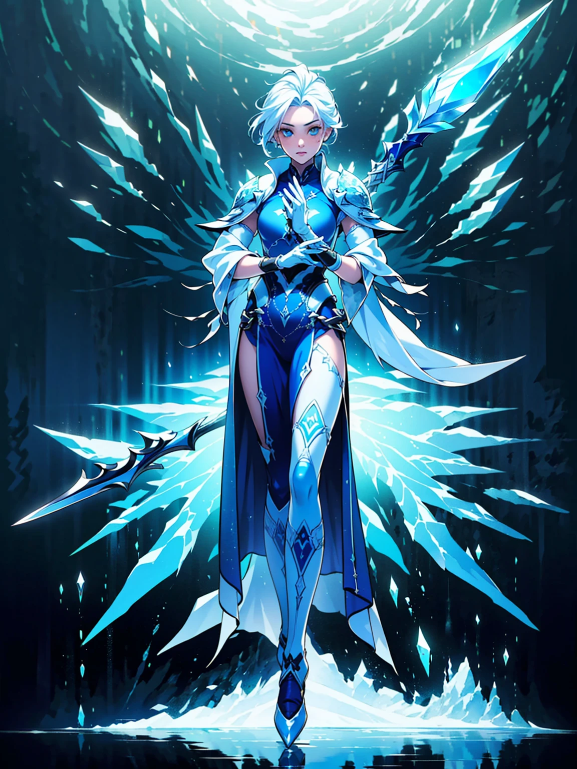 (((masterpiece, best quality, high detailed, 8k))) Design a layout showcase Gaming character, (1girl). Blue|White clothes, stylish and unique. ((showcase weapon:1.4)), ice spear. (masterpiece:1.2), (best quality), 4k, ultra-detailed. (Step by step design, layout art:1.5), (luminous lighting, atmospheric lighting). ice queen, ((glove full hands)), (((revealing clothes:1.3))), vambraces, armored legwear, (((full_body_shot:1.4))). {On a frozen lake}.