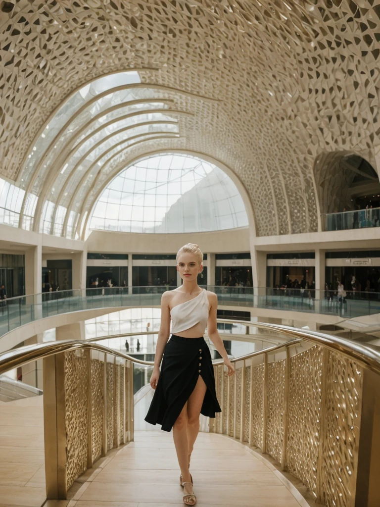 her name is Elle, high quality, 1girl, ((20-year-old fit Caucasian woman)), ((20 years old)), ((fit)), ((pale skin)), ((sleek ponytail blonde colored hair)) , wearing Metallic Gold Sequined One-Shoulder Top + High-Waisted Satin Wrap Skirt, pose: standing, background: Inside the strikingly modern Guggenheim Museum, the curved walls and unique architecture create a dynamic space. You wander through contemporary art installations, each provoking thought and curiosity. The echo of footsteps on the polished floors and the faint hum of conversations create a lively yet introspective ambiance.