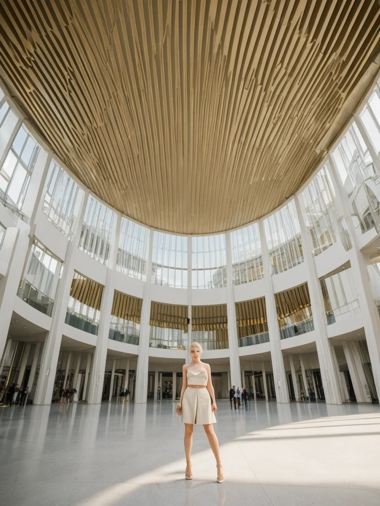 her name is Elle, high quality, 1girl, ((20-year-old fit Caucasian woman)), ((20 years old)), ((fit)), ((pale skin)), ((sleek ponytail blonde colored hair)) , wearing Metallic Gold Sequined One-Shoulder Top  + High-Waisted Satin Wrap Skirt, pose: standing, background: Inside the strikingly modern Guggenheim Museum, the curved walls and unique architecture create a dynamic space. You wander through contemporary art installations, each provoking thought and curiosity. The echo of footsteps on the polished floors and the faint hum of conversations create a lively yet introspective ambiance.