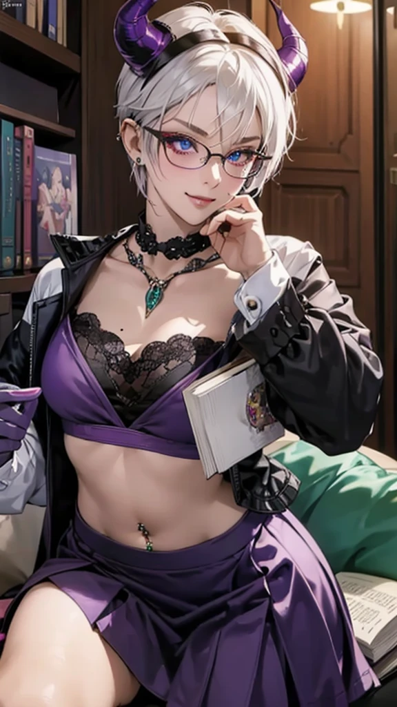 8k, masterpiece, best quality, highly detailed, 1 girl, tiefling, warlock, multicolored hair, very short straight hair green highlight hair on white hair, strippled hair, wearing glasses, round glasses, earrings, red eyeshadow, long eyelashes,navel piercing, blushed cheek, necklace, collarbone, high heels, mole, glamorous, purple and teal clothing, villainy, smirk, seductive face, fullbody view, rings, looking at viewer, sitting on desk, demon horns, solo, hand touching cheek, library, black lace gloves, holding book, miniskirt.