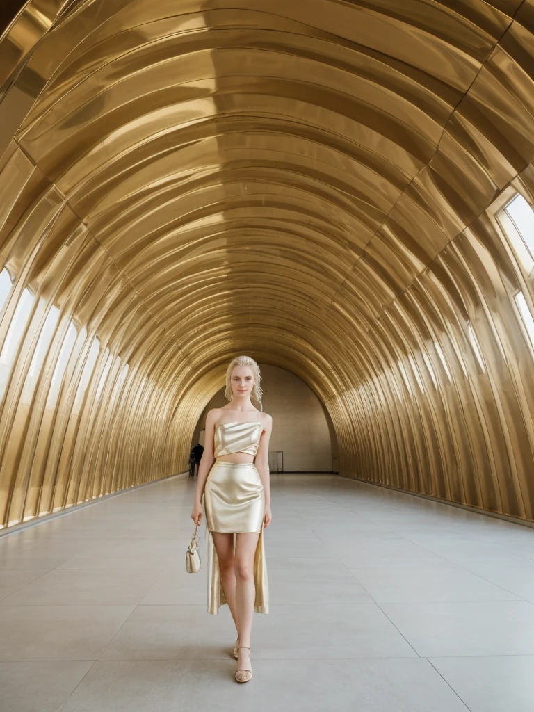 her name is Elle, high quality, 1girl, ((20-year-old fit Caucasian woman)), ((20 years old)), ((fit)), ((pale skin)), ((sleek ponytail blonde colored hair)) , wearing Metallic Gold Sequined One-Shoulder Top  + High-Waisted Satin Wrap Skirt, pose: standing, background: Inside the strikingly modern Guggenheim Museum, the curved walls and unique architecture create a dynamic space. You wander through contemporary art installations, each provoking thought and curiosity. The echo of footsteps on the polished floors and the faint hum of conversations create a lively yet introspective ambiance.