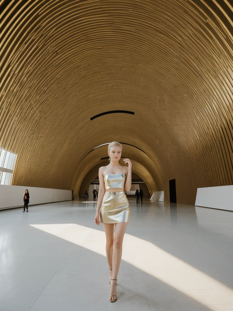 her name is Elle, high quality, 1girl, ((20-year-old fit Caucasian woman)), ((20 years old)), ((fit)), ((pale skin)), ((sleek ponytail blonde colored hair)) , wearing Metallic Gold Sequined One-Shoulder Top  + High-Waisted Satin Wrap Skirt, pose: standing, background: Inside the strikingly modern Guggenheim Museum, the curved walls and unique architecture create a dynamic space. You wander through contemporary art installations, each provoking thought and curiosity. The echo of footsteps on the polished floors and the faint hum of conversations create a lively yet introspective ambiance.