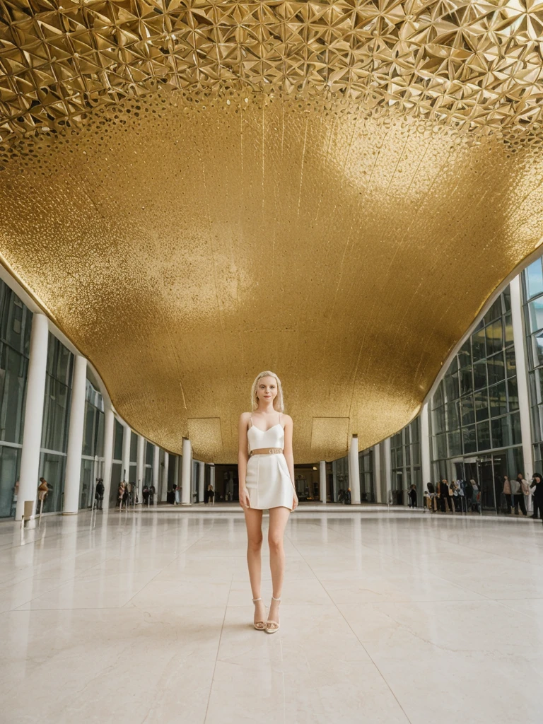 her name is Elle, high quality, 1girl, ((20-year-old fit Caucasian woman)), ((20 years old)), ((fit)), ((pale skin)), ((sleek ponytail blonde colored hair)) , wearing Metallic Gold Sequined One-Shoulder Top + High-Waisted Satin Wrap Skirt, pose: standing, background: Inside the strikingly modern Guggenheim Museum, the curved walls and unique architecture create a dynamic space. You wander through contemporary art installations, each provoking thought and curiosity. The echo of footsteps on the polished floors and the faint hum of conversations create a lively yet introspective ambiance.