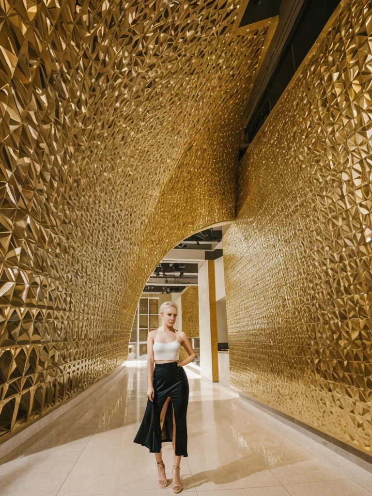 her name is Elle, high quality, 1girl, ((20-year-old fit Caucasian woman)), ((20 years old)), ((fit)), ((pale skin)), ((sleek ponytail blonde colored hair)) , wearing Metallic Gold Sequined One-Shoulder Top  + High-Waisted Satin Wrap Skirt, pose: standing, background: Inside the strikingly modern Guggenheim Museum, the curved walls and unique architecture create a dynamic space. You wander through contemporary art installations, each provoking thought and curiosity. The echo of footsteps on the polished floors and the faint hum of conversations create a lively yet introspective ambiance.