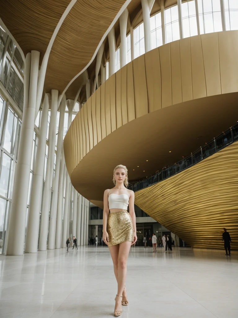 her name is Elle, high quality, 1girl, ((20-year-old fit Caucasian woman)), ((20 years old)), ((fit)), ((pale skin)), ((sleek ponytail blonde colored hair)) , wearing Metallic Gold Sequined One-Shoulder Top + High-Waisted Satin Wrap Skirt, pose: standing, background: Inside the strikingly modern Guggenheim Museum, the curved walls and unique architecture create a dynamic space. You wander through contemporary art installations, each provoking thought and curiosity. The echo of footsteps on the polished floors and the faint hum of conversations create a lively yet introspective ambiance.