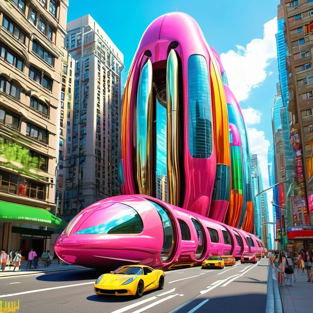 A great futuristic metropolitan made of glass and steel where tall buildings are shaped liked dildos and vehicles are individual sperm with wheels and windows moving down the streets. Tunnels look like vaginas. Hyper realistic, vibrant colors, 16k