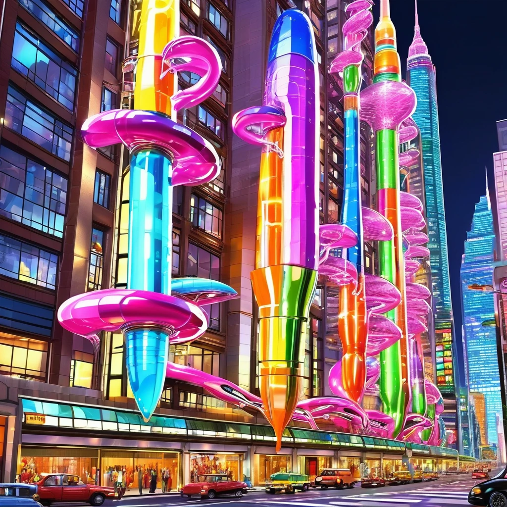 A great futuristic metropolitan made of glass and steel where tall buildings are shaped liked dildos and vehicles are individual sperm with wheels and windows moving down the streets. Tunnels look like vaginas. Hyper realistic, vibrant colors, 16k