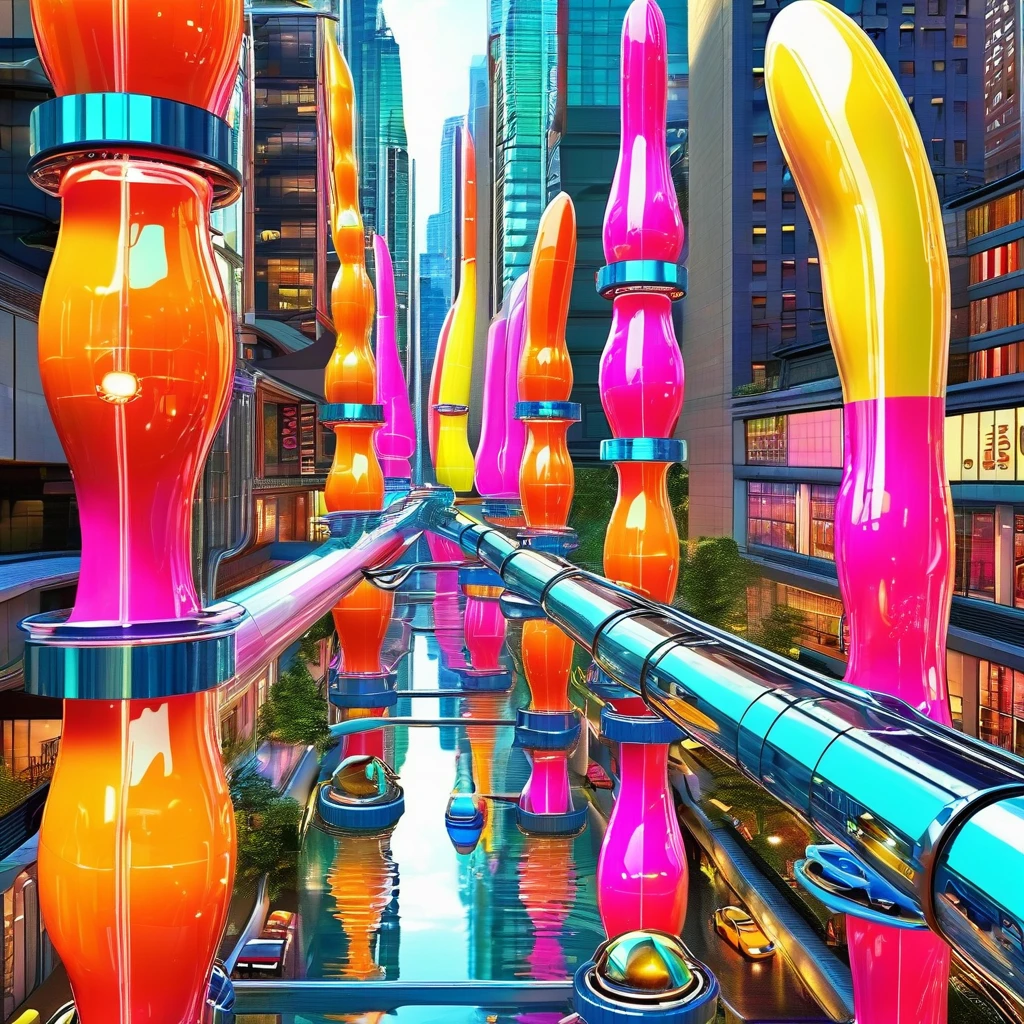 A great futuristic metropolitan made of glass and steel where tall buildings are shaped liked dildos and vehicles are individual sperm with wheels and windows moving down the streets. Tunnels look like vaginas. Hyper realistic, vibrant colors, 16k