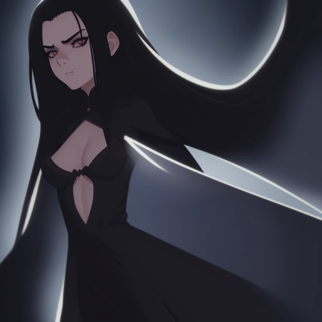 A 13-year-old with fair, long skin, slicked black hair. big, dark eyes , with an intense and enigmatic expression. wearing the orphan movie clothing style, with a more elegant and sophisticated touch, something that matches your mysterious and strong personality. jeneral, your appearance would be stunning, attracting curious and intrigued looks. flat-chested, cinematic lighting, Chromatic aberration, backlight, work of art, High details, high qualiy, 4K.
