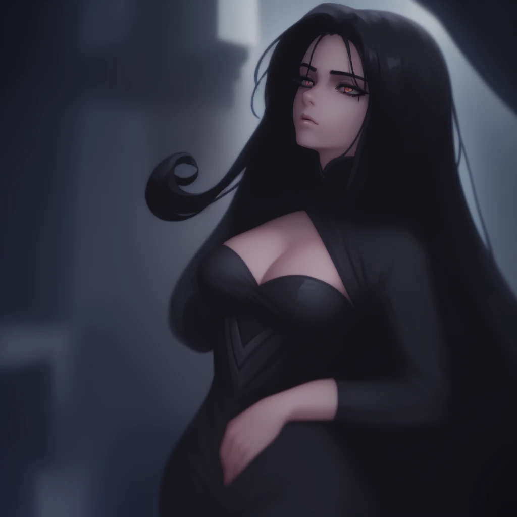 A 13-year-old  with fair, long skin, slicked black hair. big, dark eyes , with an intense and enigmatic expression. wearing the orphan movie clothing style, with a more elegant and sophisticated touch, something that matches your mysterious and strong personality. jeneral, your appearance would be stunning, attracting curious and intrigued looks. , cinematic lighting, Chromatic aberration, backlight, work of art, High details, high qualiy, 4K.