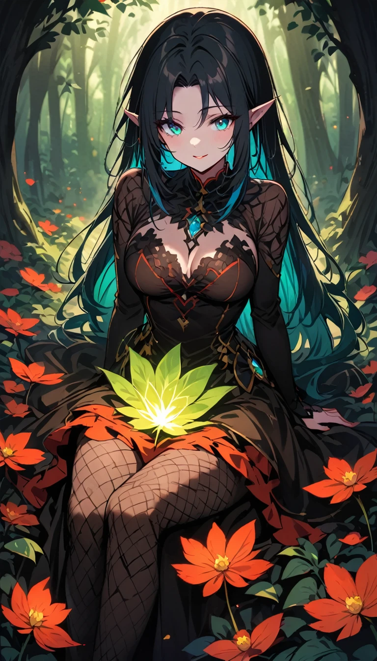((((Stunningly beautiful, All natural, high resolution)))), (1female), (blissfully happy), (sitting cross-legged), (((hijiki long hair))), ((detailed facial features)), (((verdant skin tone))), (((considerate eyes))), ((wide medium shot faire View Distance 12m]), (environment: a small clearing of teaming green flora with gentle sunlight filtering through the forest canopy and fairy light pooling around Miku drift on the melting leaves or petals on the ground around her vast grasp to bat nature seedlings outsprise grow inside her)), (demure but full breasts), (peaceful tilt of the head), (((radiant and earthy energy)))