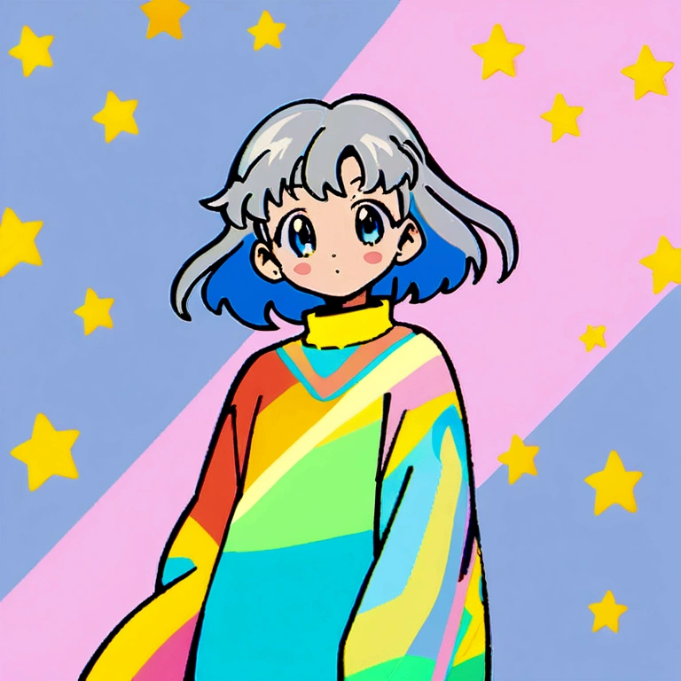 Cute Woman、Gray Hair、Medium Short、sweater、whole body、anime、Cel painting、analog、Flat Fill、90s Style,Many colorful stars,Simple Background