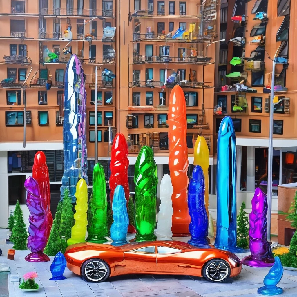 A great futuristic metropolitan made of glass and steel where tall buildings are shaped liked dildos and vehicles are individual sperm with wheels and windows moving down the streets. Tunnels look like vaginas. Hyper realistic, vibrant colors, 16k