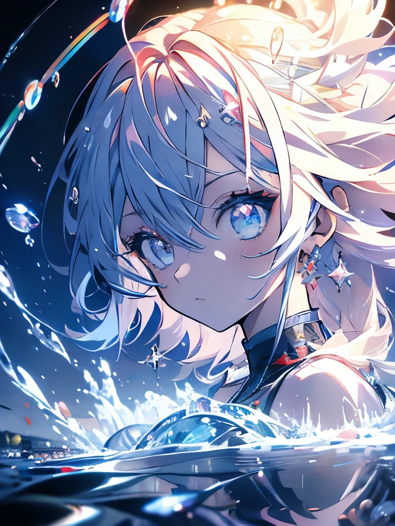 masterpiece、girl、Rainbow Hair、Sparkling eyes、Serious face、Shining Background、Starry Ski、bubble、Water Drop