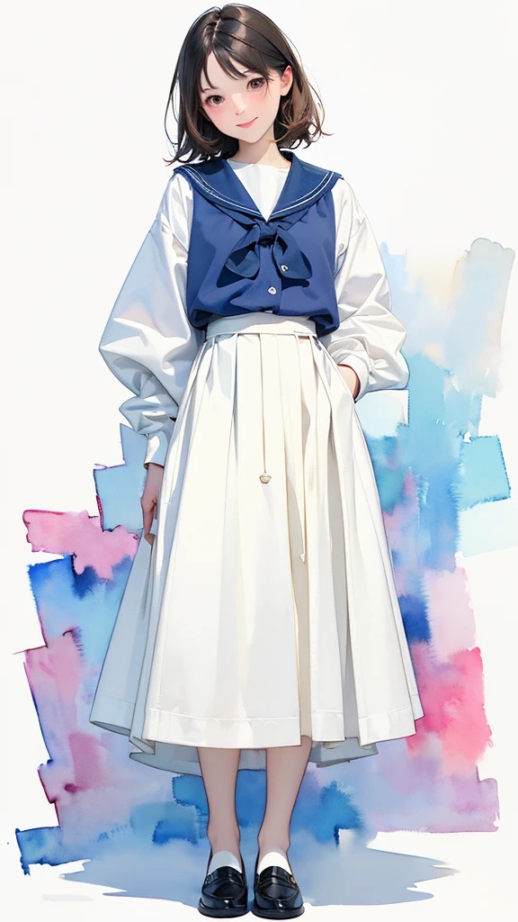 (1 Girl、alone、whole body、natural standing posture)、(Standing casually)、(whole body:1.4)、(whole bodyショーケース)、(whole bodyを見せる)、((Character Concept Art))、(Portraiture:1.2)、(Detailed facial depiction、A kind smile)、Short dark brown hair、White Sailor Suit、Navy blue sailor collar、uniform、Long skirt、Pleated skirt、shoes、loafers、(Vintage、Classic)、((No background))、((White Background))、Blur the background、(No logo)、((Watercolor of singer Sargent))、Impressionist style painting、(Highest quality、masterpiece)、