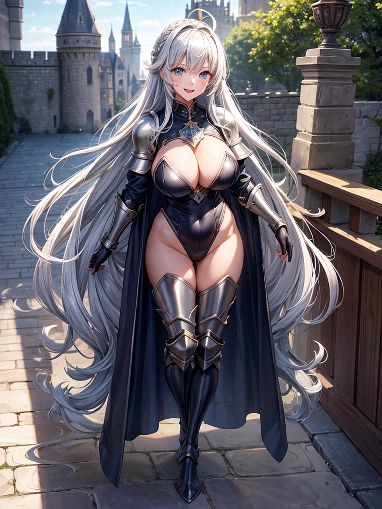 Woman knight、a beauty girl、huge tit、Excellent style、Nice Buddy、glamorous、leotard、s Armor、Bra chest armor、knee boots、gauntlets、hair adornments、silber hair、Longhaire、Ahoge、a medieval castle、is standing、full body seen、Outside the castle、natta、a smile、slightly open mouth