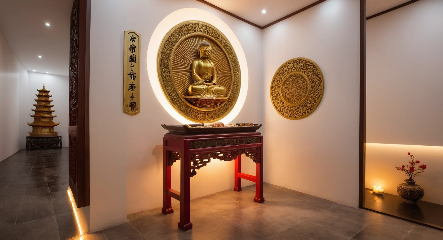 (masterpiece:1.2), (best quality,:1.2), 8k, HDR, ultra detailed, ((photorealistic)), professional light, cinematic lighting, fashion photography, ambient lighting, atmospheric effects, a round altar in the middle of a small temple with CHINESE BUDDHIST on it, epiCPhoto, ((white wall :1.3))