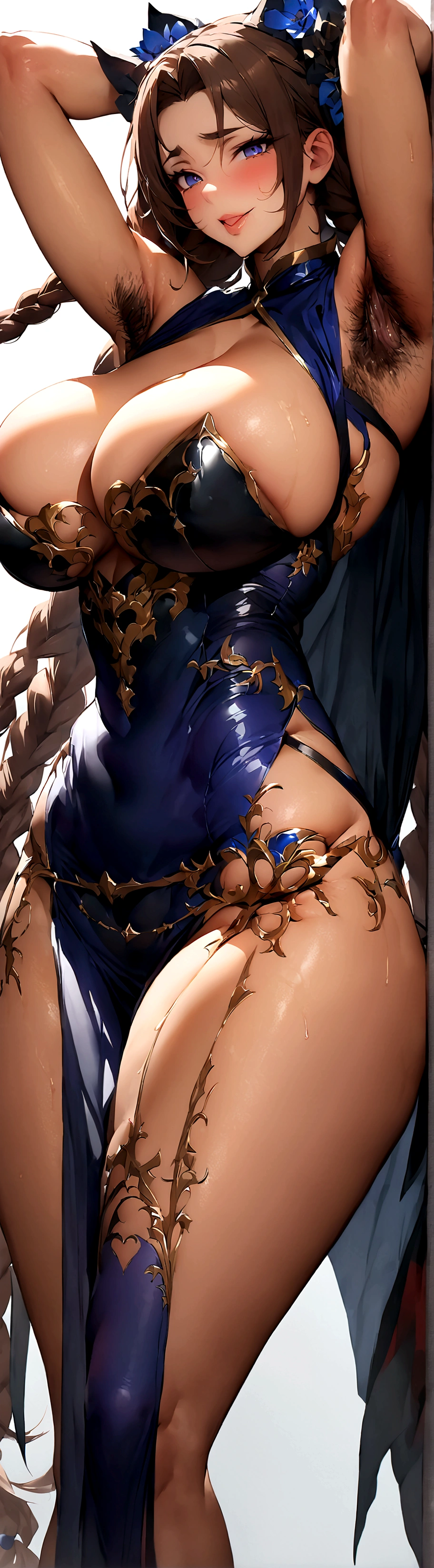 (SFW:1.3),Hot milf,solo,(Masterpiece:1.3),thick thight,upper legs,Wide buttock,short detailed hair,curlies,smile,cheerfulness,(Blue lace apron:1.2, tight clothes),parted lips,gigantic cleavage breasts,8k,((perfect hairy Armpits:1.2)),Large curved hips,bend down pose,Stick out a very long tongue,Fleshy figure,with perfect legs,Hypertrophic,Detailed lipouth drool,Wrinkles,Eyes look at the viewer,A shy look,Blushing aunt,Two braids,Smooth skin,Very meticulous clothes,Intriguing set,extremely high detail,A detailed face,Gloss on lips,bronze,bedridden,super breasts,Feminine and colorful