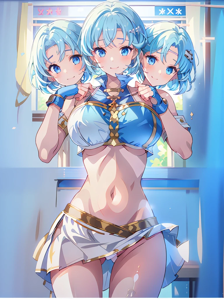 (masterpiece, best quality), best resolution, (3heads:1.5), 1girl, light blue hair, fingerless gloves, smiling, soft smile, open belly, white-blue crop top, blue-white miniskirt, open breasts, huge tits, sexy pose, hair length until shoulders, headband,
