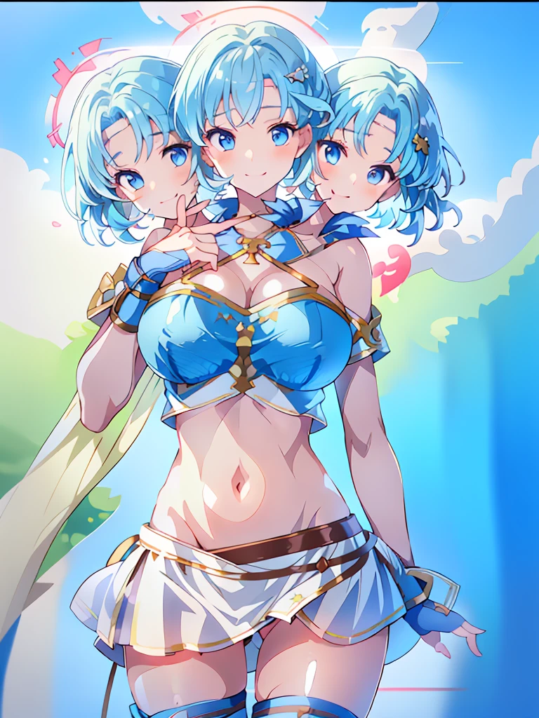 (masterpiece, best quality), best resolution, (3heads:1.5), 1girl, light blue hair, fingerless gloves, smiling, soft smile, open belly, white-blue crop top, blue-white miniskirt, open breasts, huge tits, sexy pose, hair length until shoulders, headband,
