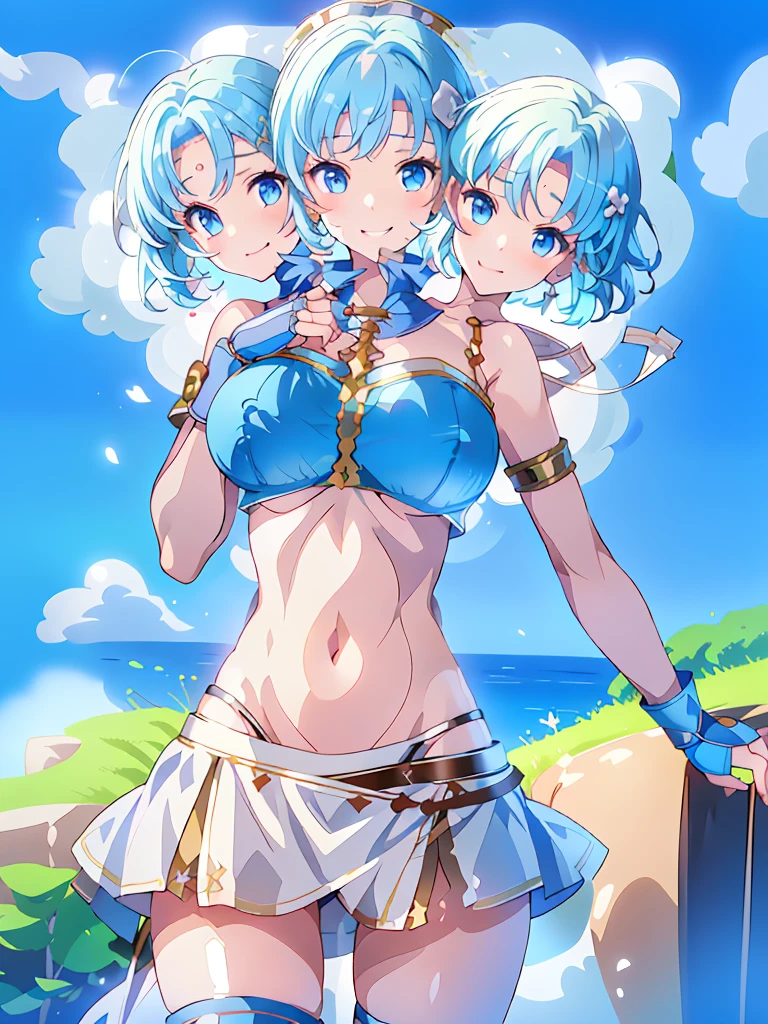 (masterpiece, best quality), best resolution, (3heads:1.5), 1girl, light blue hair, fingerless gloves, smiling, soft smile, open belly, white-blue crop top, blue-white miniskirt, open breasts, huge tits, sexy pose, hair length until shoulders, headband,
