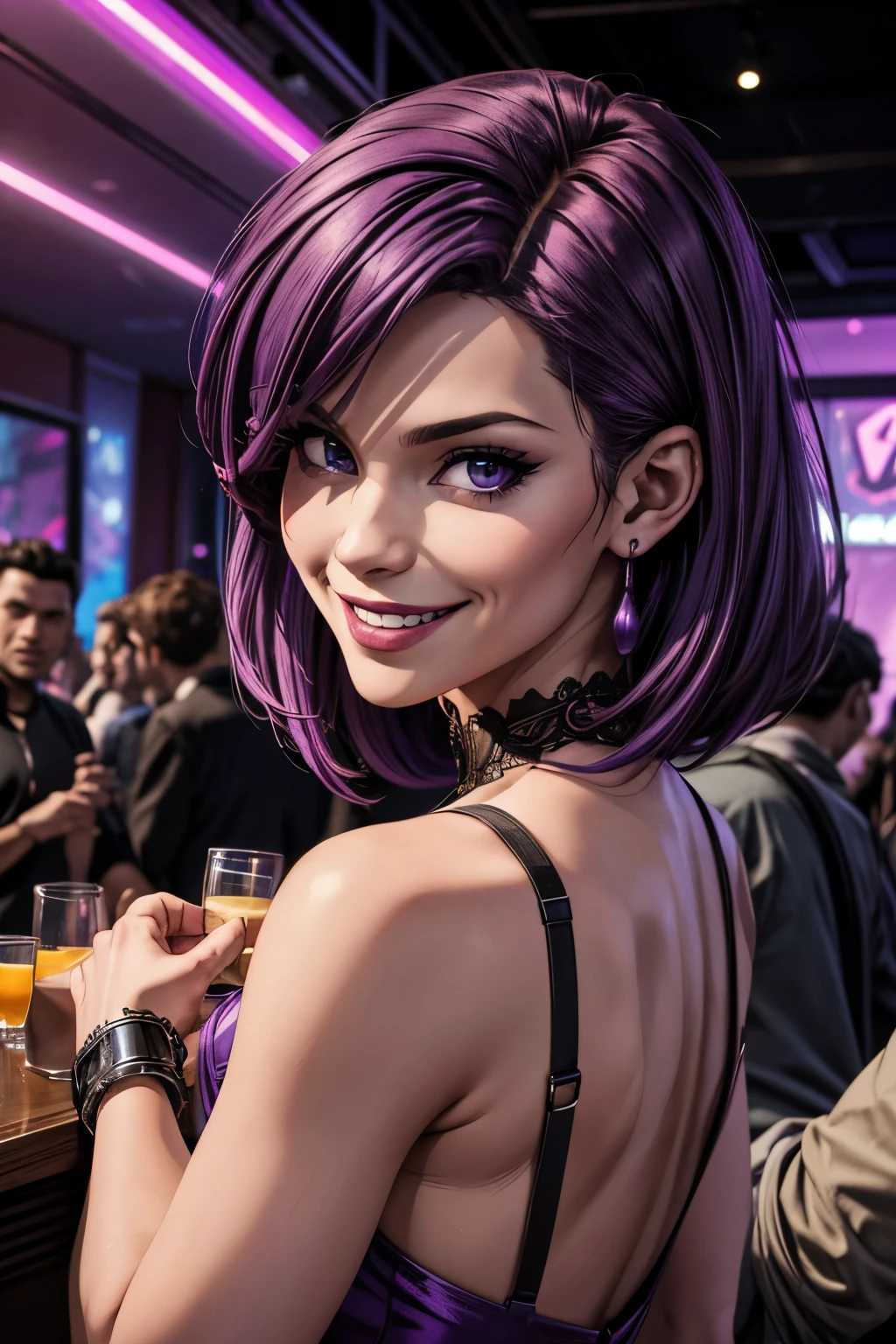 bombchu lady, short purple hair, green eyes, pink striped shirt, looking at viewer, big smile, upper body view, neon lighting,  high quality, masterpiece,  small breasts, choker