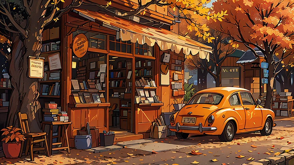 bookshop, orange car, autumn trees
