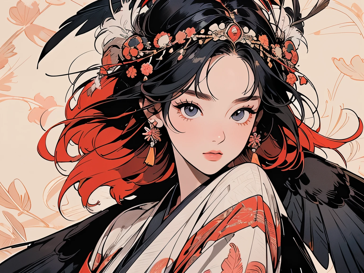 kimono, Perfect kimono, ultra detailed kimono, first-class, ultra detailed,(((ultra detailed ornament))),One Woman, Perfect Face, Faint lighting, (((head shot))), ultra detailed hair、(((Sparkling Eyes))),mysterious, The wind is blowing, Panorama, Long Shot,  (((Beautiful Faces of Asia))),(((Indian feather headdress))),Upper Body,(((TOP quality face)))、(((Large feather ornament))),(((Black crow feather)))、(((Japanese pattern background)))、(((pale red hair))),Top quality feathers、ultra detailed feathers、Various Angle、Various Hairstyle