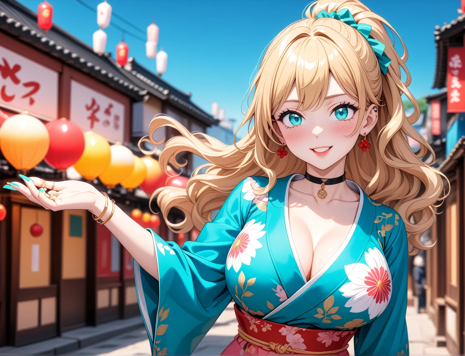 ((One personの女性)), Beautiful Face,(Laughing embarrassedly), (naughty face:1.2), (Wink:1.9), Laughing with your mouth open, upper teeth, ((Bright red cheeks:1.4)),Glossy pink lips, Touching hair with hands,looking at viewer,Shining Face, rooftop, Festival decorations, firework, ((Anime style background)),masterpiece, Highest quality, so beautiful,up to date, Complex details, (Pink long nails),(ring),(bracelet),(choker),AI-generated, Complex,High resolution, Highest quality, super high quality,3D Images、3D Images,One person,Long blonde hair,ponytail, wavy hair ,Anime woman posing for a photo, ((Fine grain、Turquoise Eyes、Shining Eyes:1.3)), (Squint your eyes:1.1),a hyperRealistic , hyperRealistic , Realistic,Anime woman with long white hair, Smooth anime CG art, A woman in a colorful kimono with gold embroidery, (Pink long sleeve kimono),Red floral pattern,Long flower hair ornament,Earrings,Mature Body,(Big Breasts:1.1),Tall,Abdominal muscles,Tight waist,(Zoom up to face:1.1),
