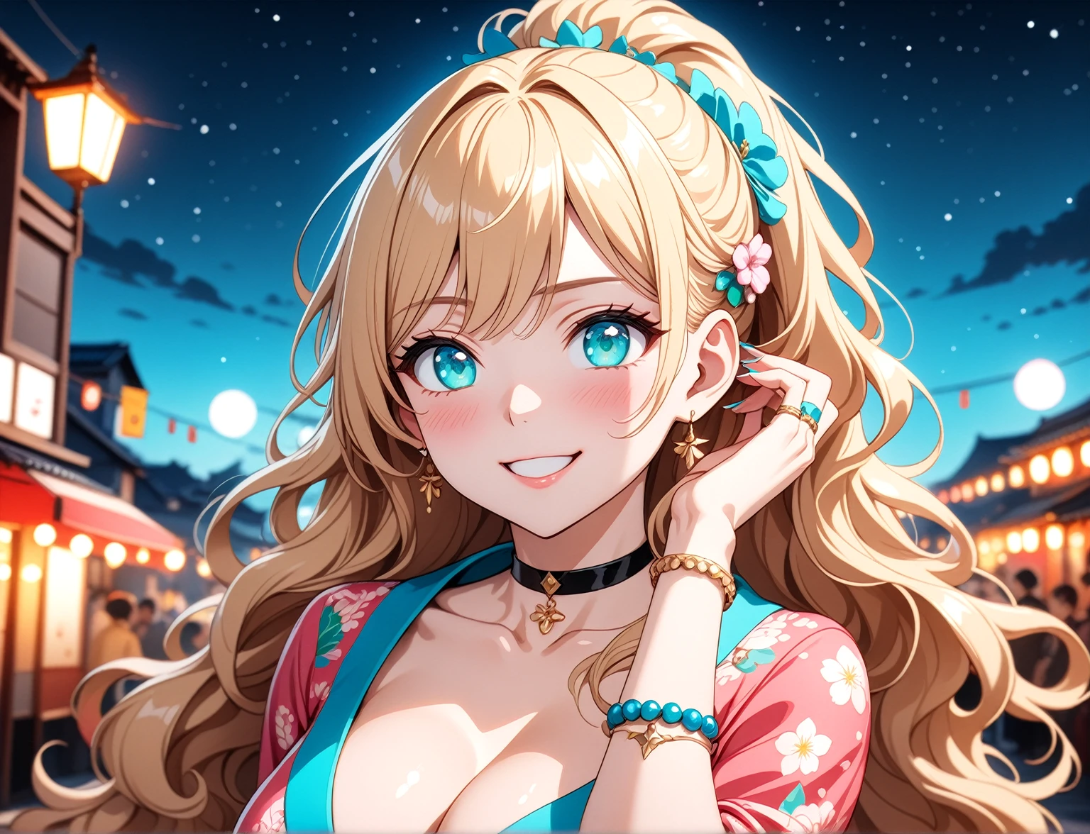 ((One personの女性)), Beautiful Face, ((smirk)),((Wink:1.9)), head tilt, Laugh with your mouth wide open,((Bright red cheeks:1.4)),Shiny red lips,night,rooftop,You can see the ocean, firework,Laughing with your mouth open,Glossy pink lips,Facial lighting,((Anime style background)),masterpiece, Highest quality, so beautiful,up to date, Complex details, (Pink long nails),(ring),(bracelet),(choker),AI-generated, Complex,High resolution, Highest quality, super high quality,3D Images、3D Images,One person,Long blonde hair,High Ponytail,(turquoise blue eyes),Anime woman posing for a photo, ((Fine grain、Colorful eyes on white、Shining Eyes:1.3)),(Squint your eyes:1.1),a hyperRealistic , hyperRealistic , Realistic,Anime woman with long white hair, Smooth anime CG art, A woman in a colorful kimono with gold embroidery, (Pink long sleeve kimono),Red floral pattern,Long flower hair ornament,Earrings,Mature Body,(Big Breasts:1.1),Tall,Abdominal muscles,Tight waist,(Zoom up to face:1.6),
