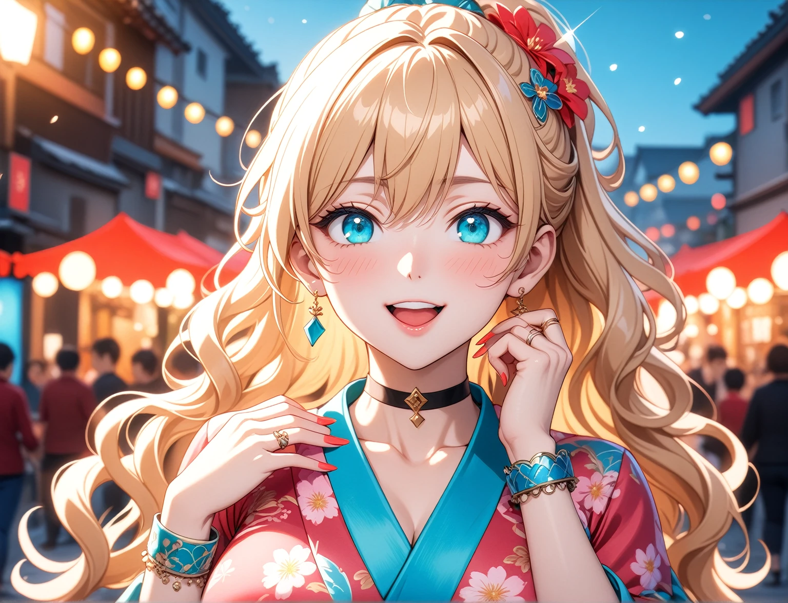 ((One personの女性)), Beautiful Face,(Laughing embarrassedly), (naughty face:1.2), (Wink:1.9), Laughing with your mouth open, upper teeth, ((Bright red cheeks:1.4)),Glossy pink lips, Touching hair with hands,looking at viewer,Shining Face, rooftop, Festival decorations, firework, ((Anime style background)),masterpiece, Highest quality, so beautiful,up to date, Complex details, (Pink long nails),(ring),(bracelet),(choker),AI-generated, Complex,High resolution, Highest quality, super high quality,3D Images、3D Images,One person,Long blonde hair,ponytail, wavy hair ,Anime woman posing for a photo, ((Fine grain、Turquoise Eyes、Shining Eyes:1.3)), (Squint your eyes:1.1),a hyperRealistic , hyperRealistic , Realistic,Anime woman with long white hair, Smooth anime CG art, A woman in a colorful kimono with gold embroidery, (Pink long sleeve kimono),Red floral pattern,Long flower hair ornament,Earrings,Mature Body,(Big Breasts:1.1),Tall,Abdominal muscles,Tight waist,(Zoom up to face:1.1), 