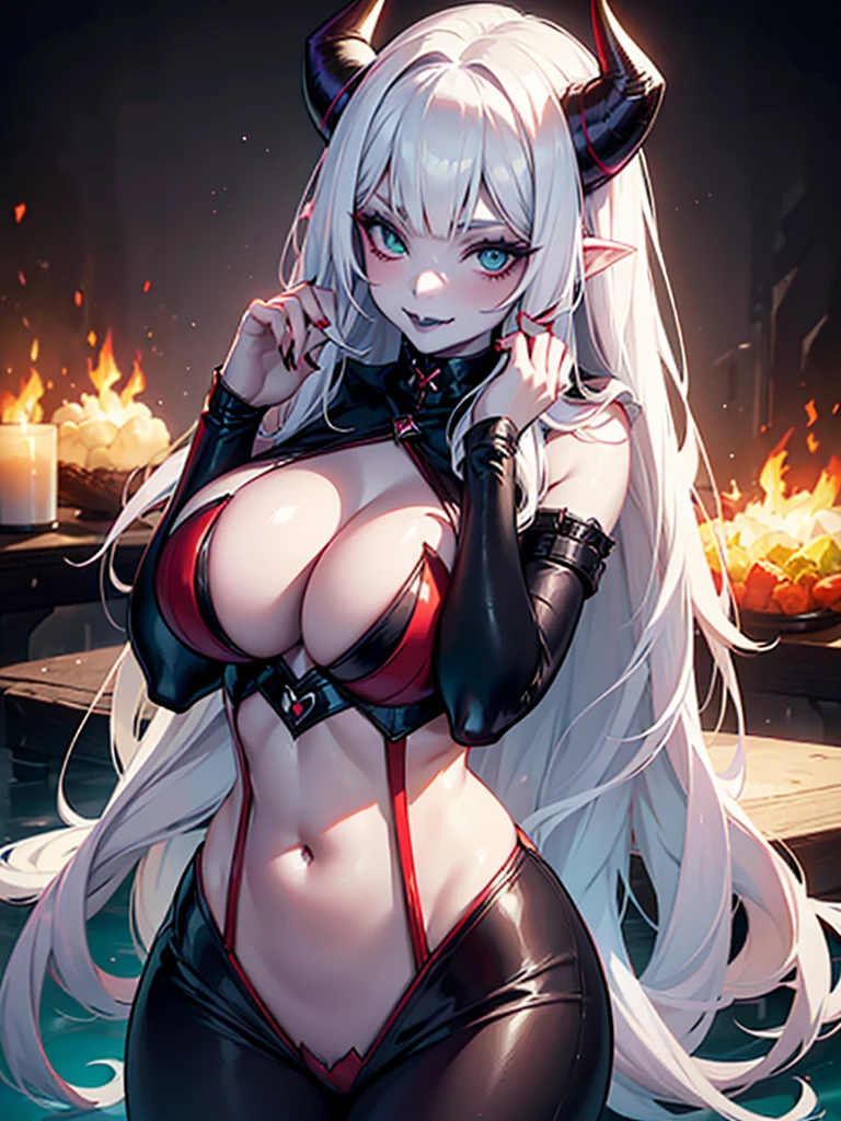 ((cute, innocent smile, shy)), succubify, (pale skin:1.3), demon horns, demon tail, demon wing (black lips:1.2), red hair, green eyes (" Ana de Armas", “kagney linn karter ").blend(0.1,1), (1girl), fire in the background, flames,
