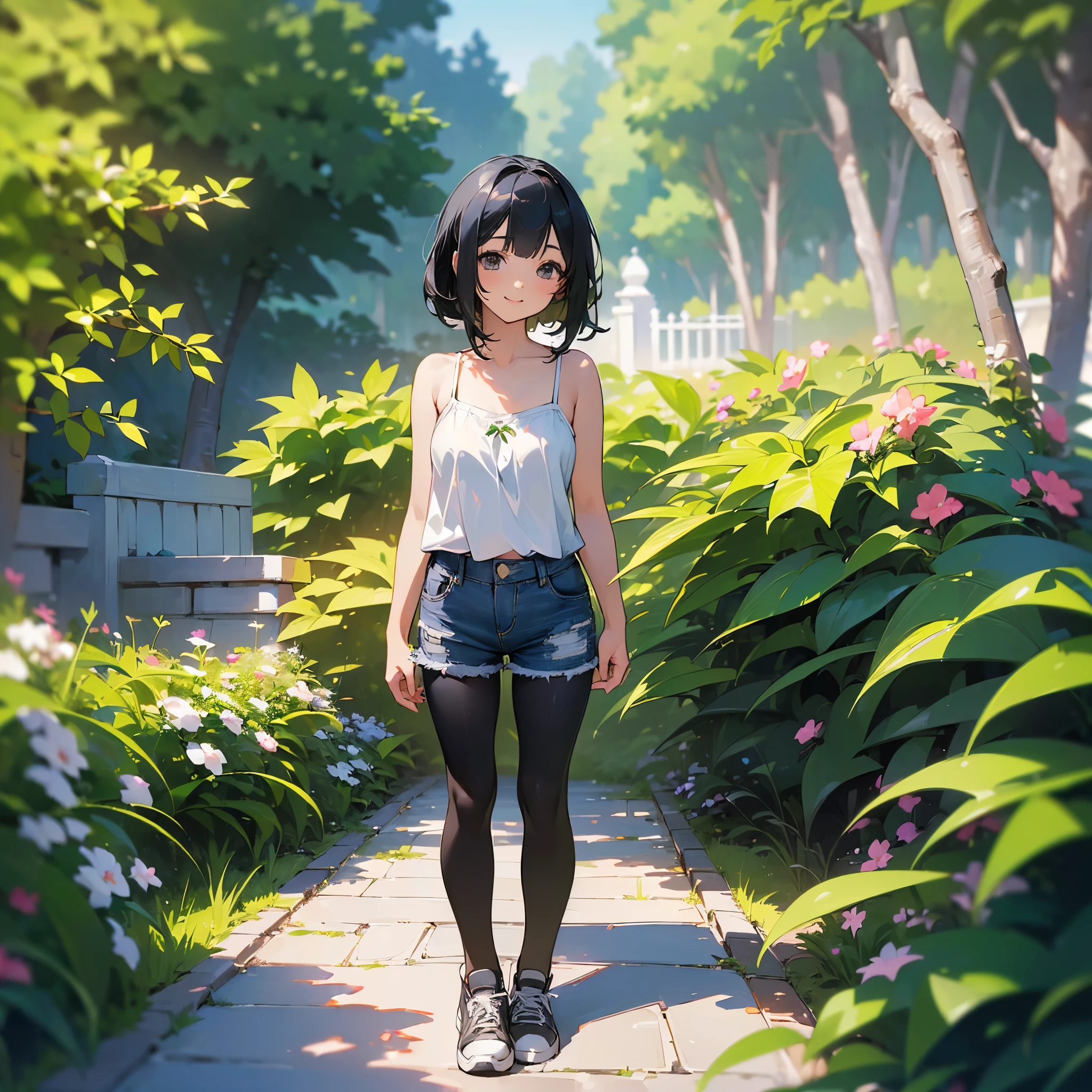 (high quality, High resolution, Very detailed, reality:1.37), Peaceful atmosphere, (Outdoor, garden), age girl standing alone, (my breasts are big.), Beautiful details, Cute Smile, (Black bob hair), camisole, Denim shorts, Black tights, sneakers.