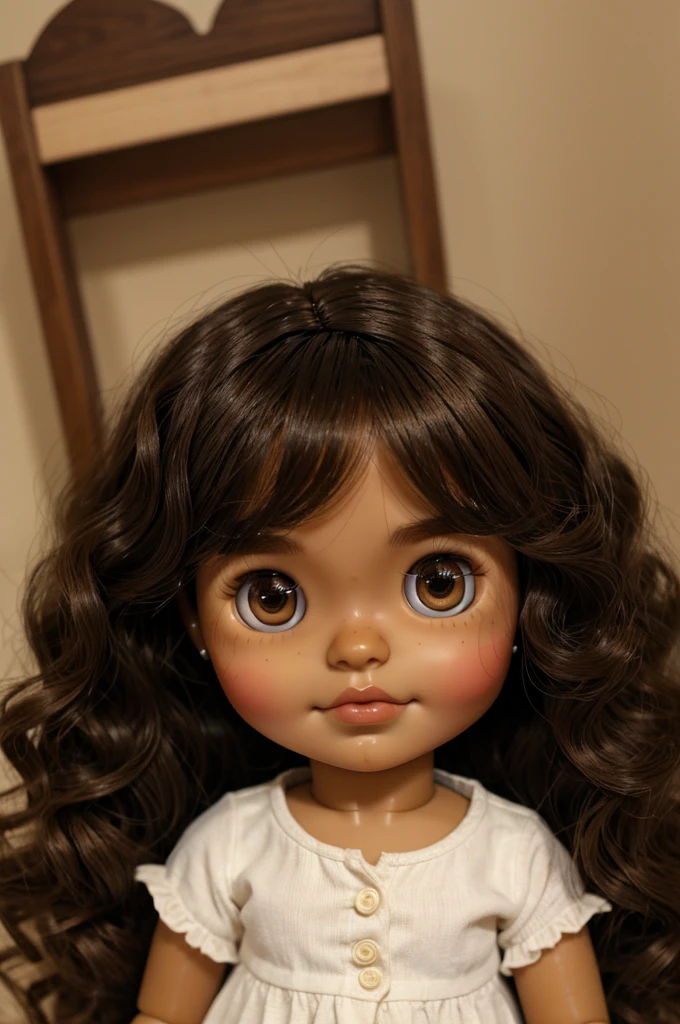 Blythe doll, brown skin, big brown eyes, no bangs, wavy hair, a little big nose,