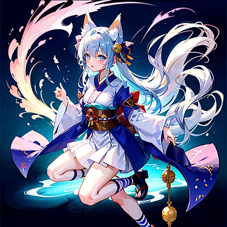 fox Light blue hair 　beast girl　indigo fur　fox beast girl　fox Light blue hair 　beast girl　indigo fur　fox beast girl　Wallpaper 4k,8k,highly detailled,,vivid colors,detailed kitsune with 9 tails,traditional Japanese artwork,tatami floor,beautiful cherry blossoms,floating lanterns,dark silhouette of a pagoda,subtle moonlight,dense forest,ethereal atmosphere,dappled sunlight,whimsical spirit,serene expression,elaborate kimono and obi,delicate hand-painted details,luminous eyes　Anime Style　fox　blue　White-faced golden-haired nine-tailed fox　Coat blue　　　mysterious background　Blue Flame　girl　have a ball of light Anime Style　fox　blue　White-faced golden-haired nine-tailed fox　Coat blue　　　mysterious background　Blue Flame　girl　have a ball of light