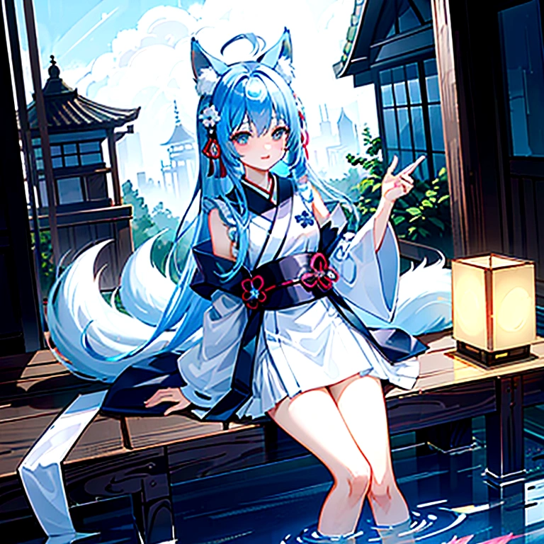 fox Light blue hair 　beast girl　indigo fur　fox beast girl　fox Light blue hair 　beast girl　indigo fur　fox beast girl　Wallpaper 4k,8k,highly detailled,,vivid colors,detailed kitsune with 9 tails,traditional Japanese artwork,tatami floor,beautiful cherry blossoms,floating lanterns,dark silhouette of a pagoda,subtle moonlight,dense forest,ethereal atmosphere,dappled sunlight,whimsical spirit,serene expression,elaborate kimono and obi,delicate hand-painted details,luminous eyes　Anime Style　fox　blue　White-faced golden-haired nine-tailed fox　Coat blue　　　mysterious background　Blue Flame　girl　have a ball of light Anime Style　fox　blue　White-faced golden-haired nine-tailed fox　Coat blue　　　mysterious background　Blue Flame　girl　have a ball of light