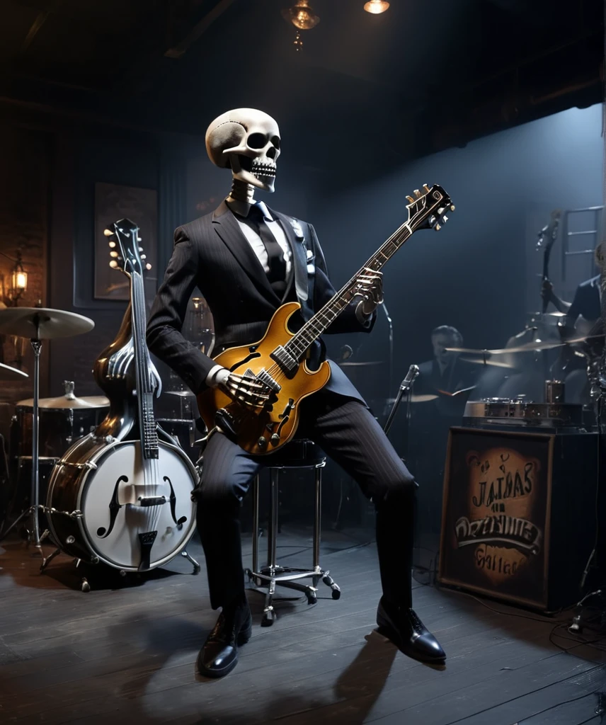 A skeleton is playing an electric guitar、You can see the drums and double bass.、The hands are also bones、The skeleton is wearing a suit、Jazz band、In a dark bar、Atmospheric lighting、Attention to detail、8K、Detailed、