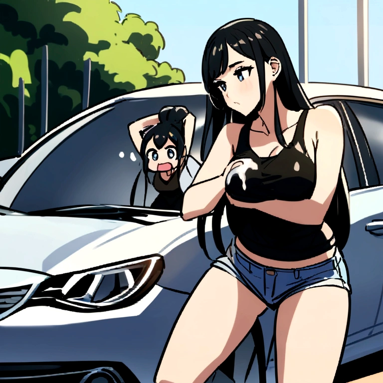 2 Asian girls, both farting together side by side, desperate to poop, farting while sitting in car, sitting down, wearing sports outfit, stomach bloated, hangs holding stomach, pained expression, shocked and embarrassed, mouth open in shock, sweating, blushing, beautiful and cute face, anime art style, fit body, tall and thin, view from back