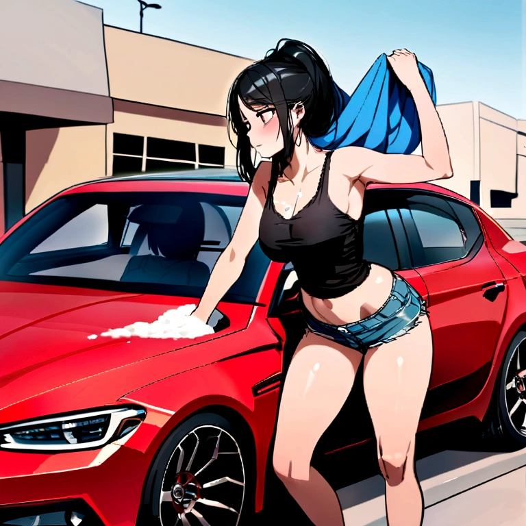 Create two sexy girls washing a car and they both have black hair and they are twins and they would both be wearing a tank top and short shorts and one of the girls would be getting soap on her breasts and the other would be twerking on the hood of the car