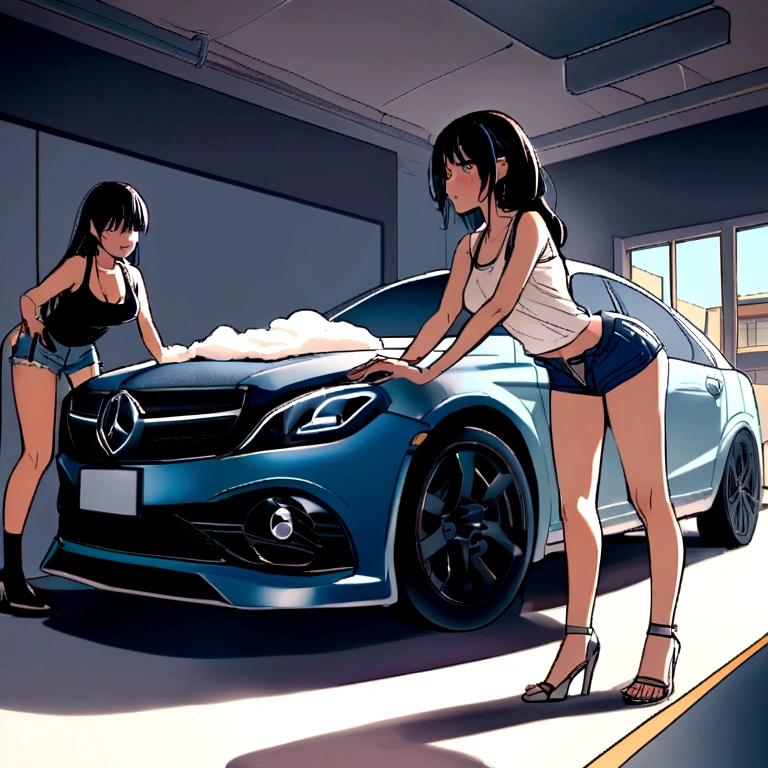 Create two sexy girls washing a car and they both have black hair and they are twins and they would both be wearing a tank top and short shorts and one of the girls would be getting soap on her breasts and the other would be twerking on the hood of the car
