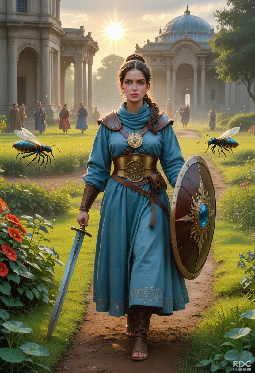 a beautiful woman warrior walking in a fantastic garden, in a rainy day, in the grass many insects an animals stay here, she have a big and beauty blue eyes, and in the hands have a ancient short sword, with gems, and in the other hands have a plate shield, the sun reflects in your body, hdr, cinematic style, 3d render, vfx effects, high details, high textures, perfect face, perfect body, master piece, ultra realistic,
