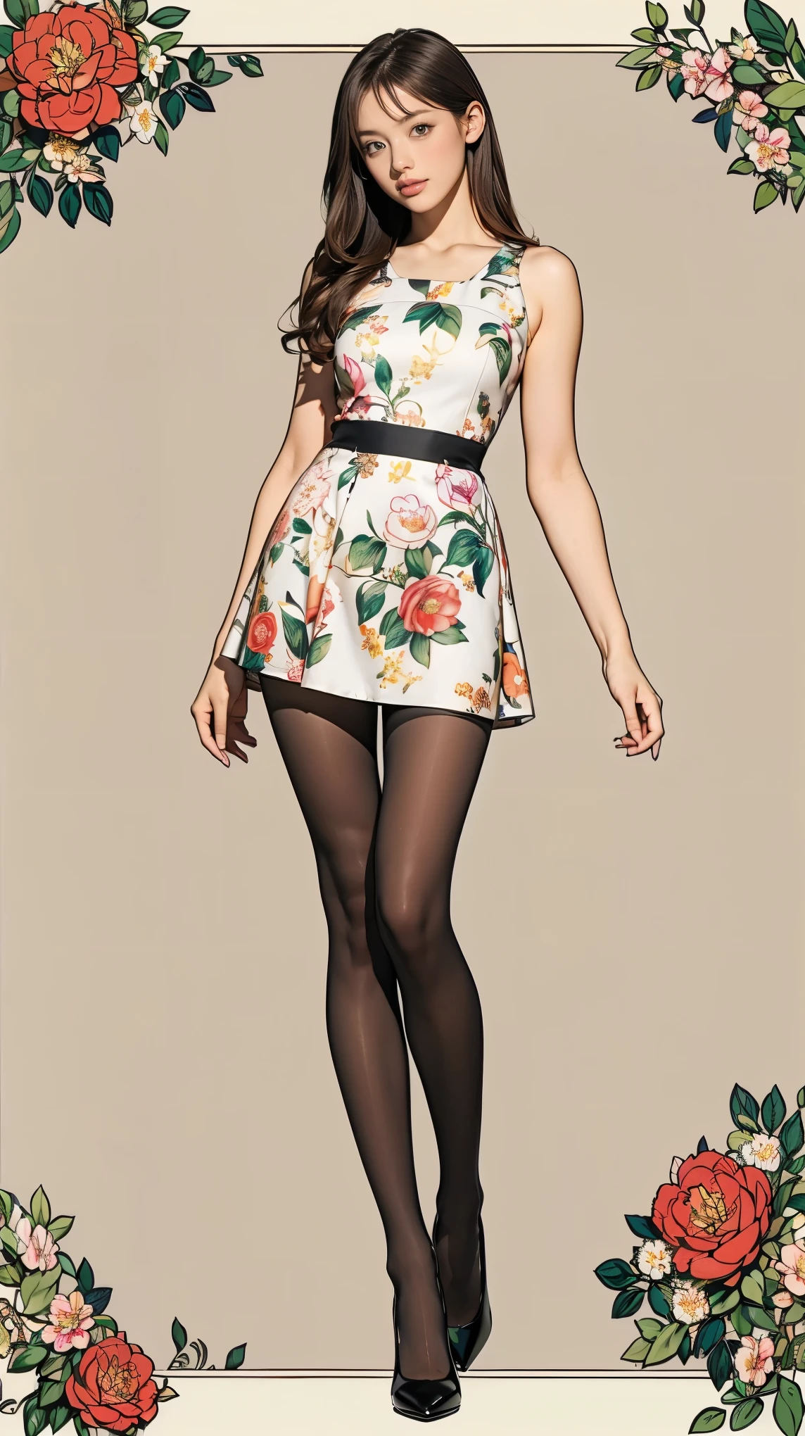 A woman in a floral dress and tights posing for a picture - SeaArt AI