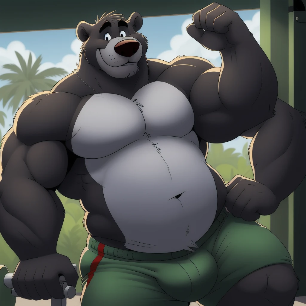 ((masterpiece, best quality)),solo, 1bear, solo, baloo, huge muscular, green gym shorts,, black eyes, furry, bear, no humans, gym,  working out, gym set