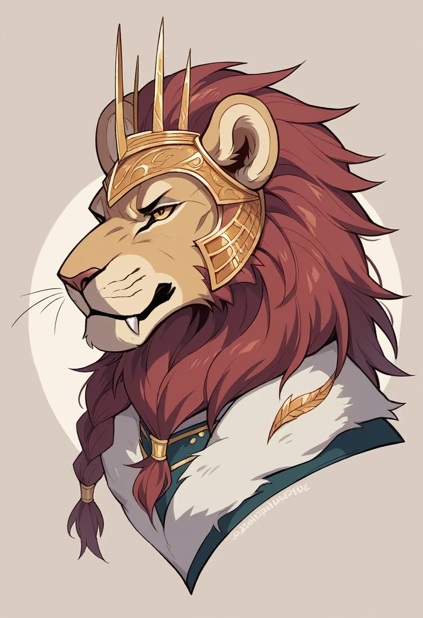 lion, including a flowing mane around the helmet, a tail protruding from the back, and lion-like paws with retractable claws.
Details: The suit should have a majestic, regal look, with gold accents complementing the red armor, and a fierce expression in the helmet's eyes.